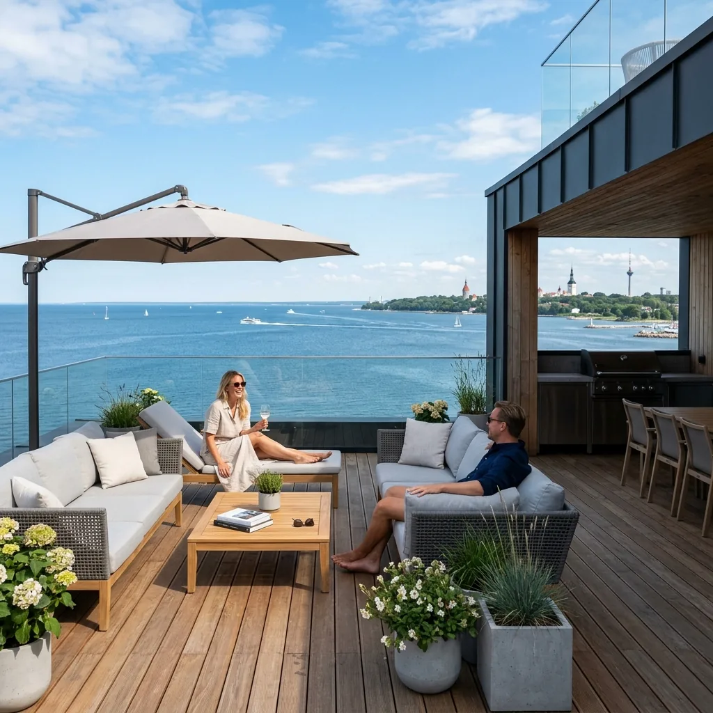 Gedeckter Tisch auf der Dachterrasse mit Blick über die Ostsee bei Grömitz