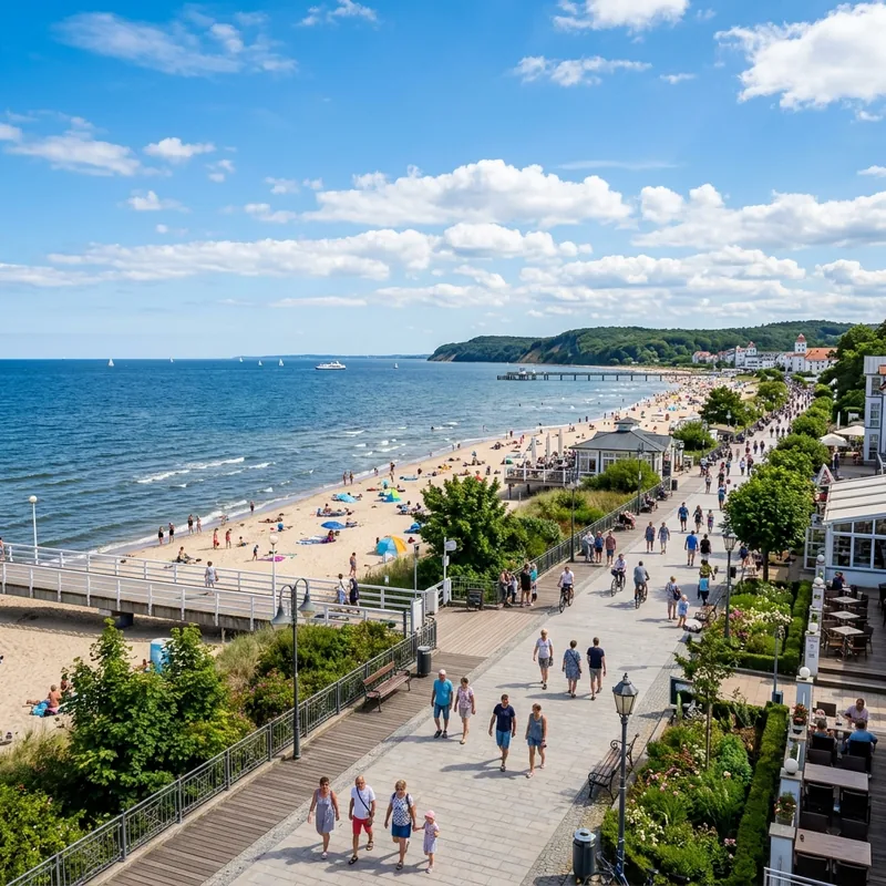 Strandpromenade von Grömitz mit Strandkörben und Blick über die Lübecker Bucht