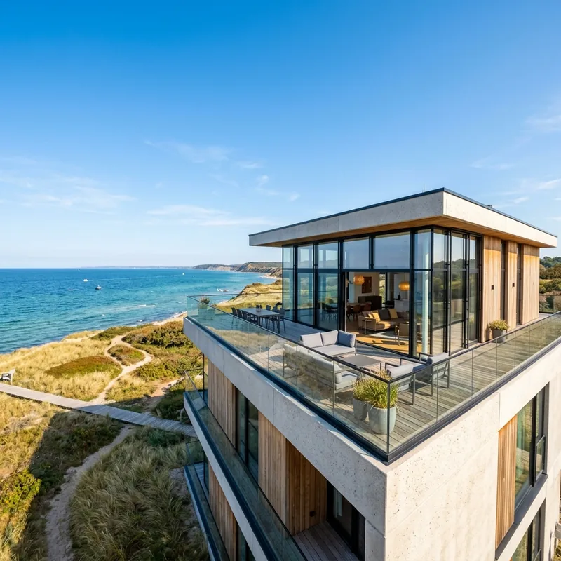 Modernes Ferienhaus an der Ostsee bei Grömitz im klaren Winterlicht
