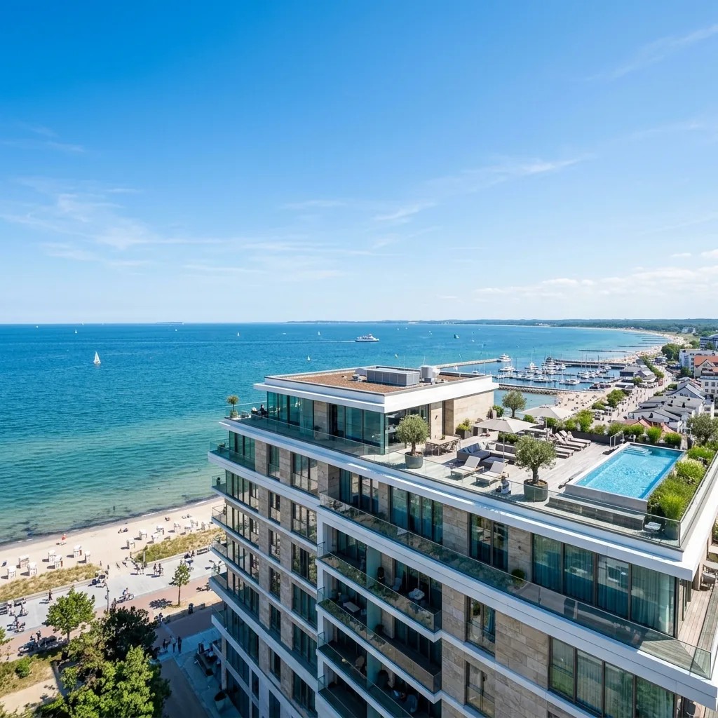 Luftaufnahme der Ostseeküste bei Grömitz mit Strand, Promenade und Lübecker Bucht